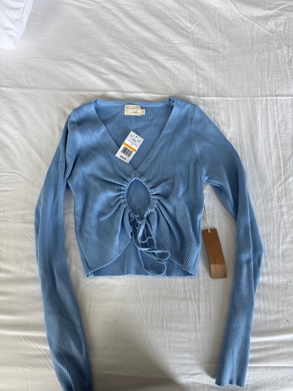 Cotton On Sky Blue Ribbed Tie-Front Crop Top
